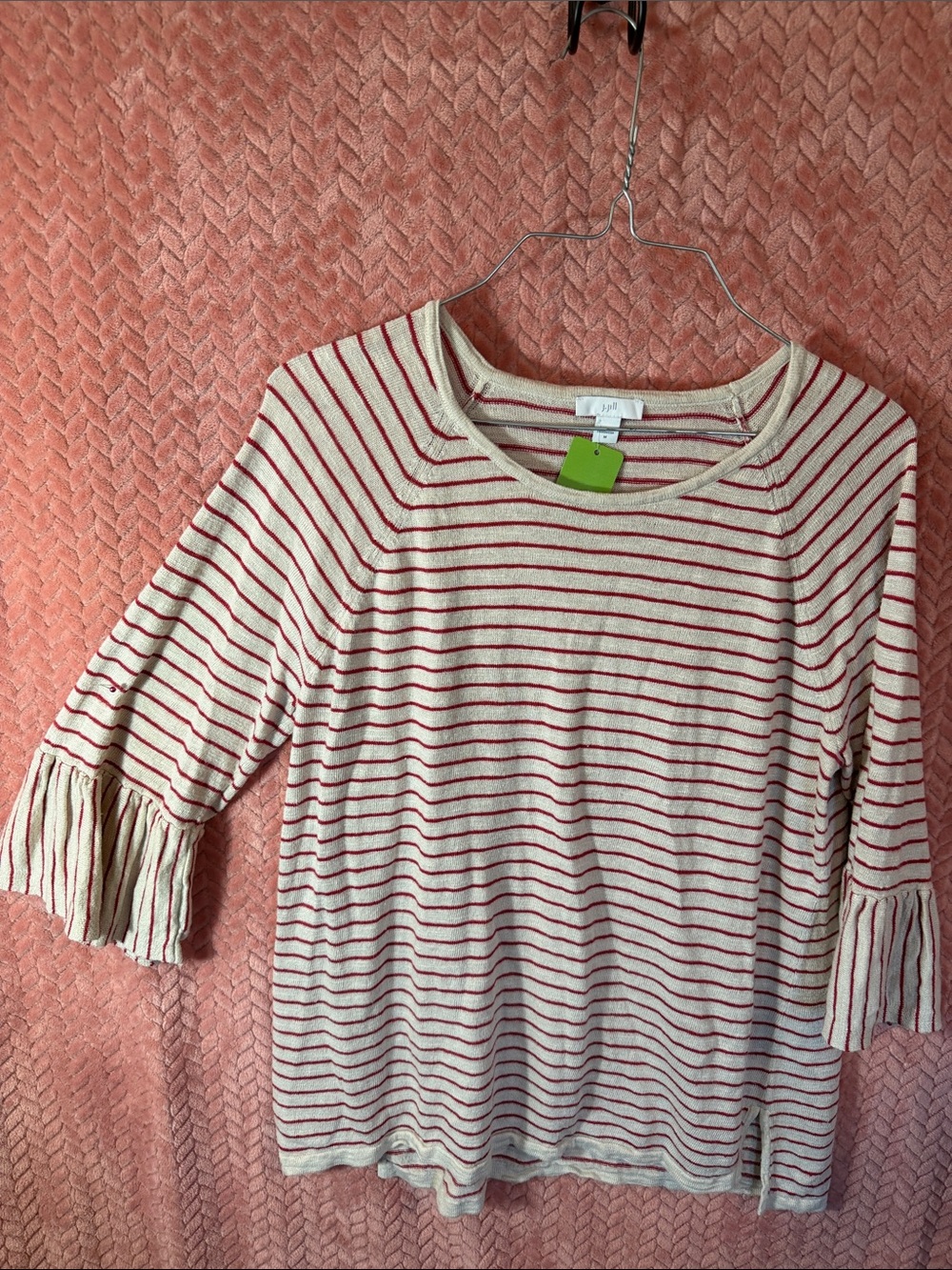 J. Jill Cream and Red Striped Ruffle-Sleeve Knit Top
